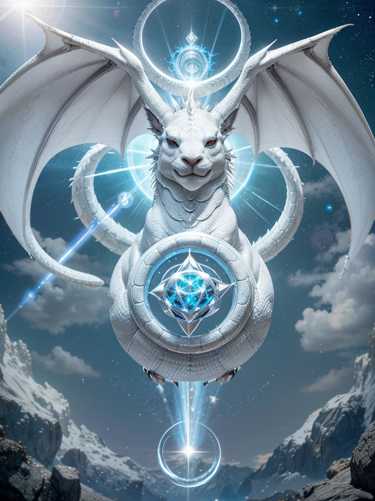 white dragon with friendly and soft features with a circle of silver energy on top of its head and its paws with sacred geometry shining in sky blue 