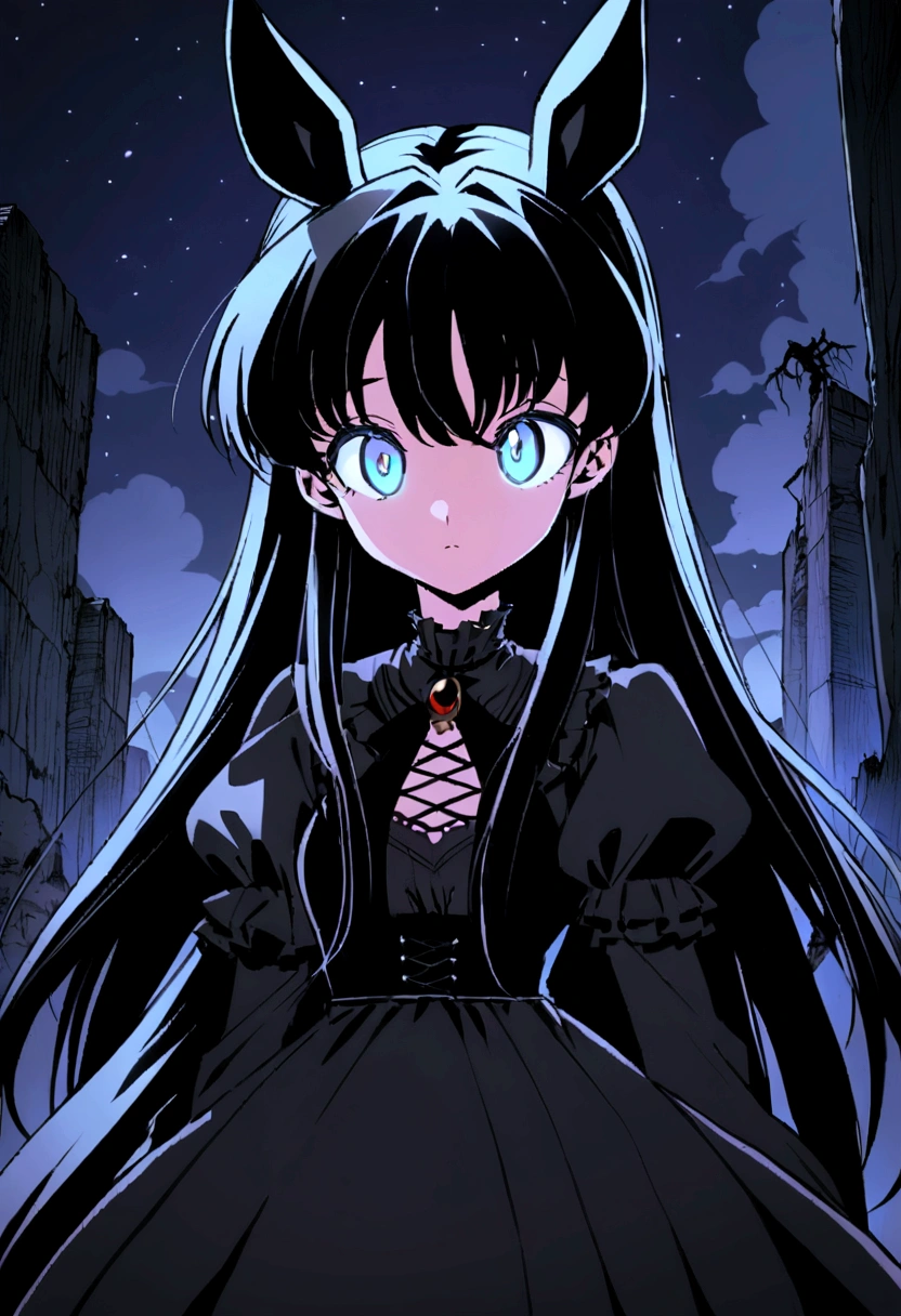 Anime girl with long black hair and blue eyes, Anime Moe Art Style, Gothic maiden anime girl, Gap Moe Yandere Grim Dark, Anime girl in a black dress, Ghostly eyes and dark hair, 1 7 - Year Old Anime Goth Girl, ufotable&#39;s art style, by Hitoshi Homura, Fate-like anime style/Stay Night, Long Hair Anime Girl　In the ruins　Decadent　dark　Gothic Horror　Light blue eyes　Horse ears　Horse Girl　Red Batten