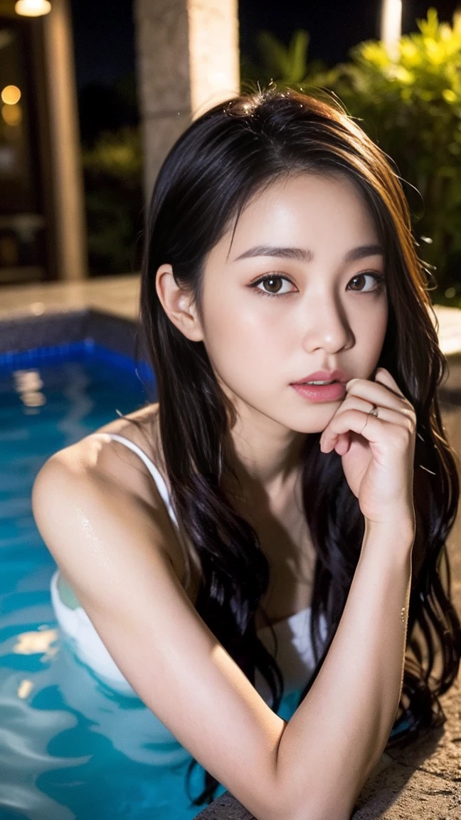Dark brown hair、Light brown eyes、Japanese actress、 Lady、1 female、I am about 40 years old.....、(Intricate details:1.2)、(Which is the top???????:1.4)、 (Ultra-high resolution:1.2)、Ultra-high resolution、(Finely tuned)、(Detailed facial features)、Hmph、8K resolution、D cup size breasts、Long Hair、Jacuzzi on the terrace、Enter the jacuzzi、Wet Skin、Soaking wet hair、Wet shoulders、Wet bust、moonlight、リゾート感たっぷりのNight view写真、Head to toe shot、Blackpink Jenny、Beautiful feet、she, Fashion Hub, Very detailed, Very detailed, Realistic, Hourglass Shaped Body, Obscene pose、Please lift your chin a little、Open your mouth a little、Relax Pose、Are crying、Deep sorrow、、Get out of the water、The moment I step out of the jacuzzi I see you、Round Jacuzzi、Get out of the water体、Night view、