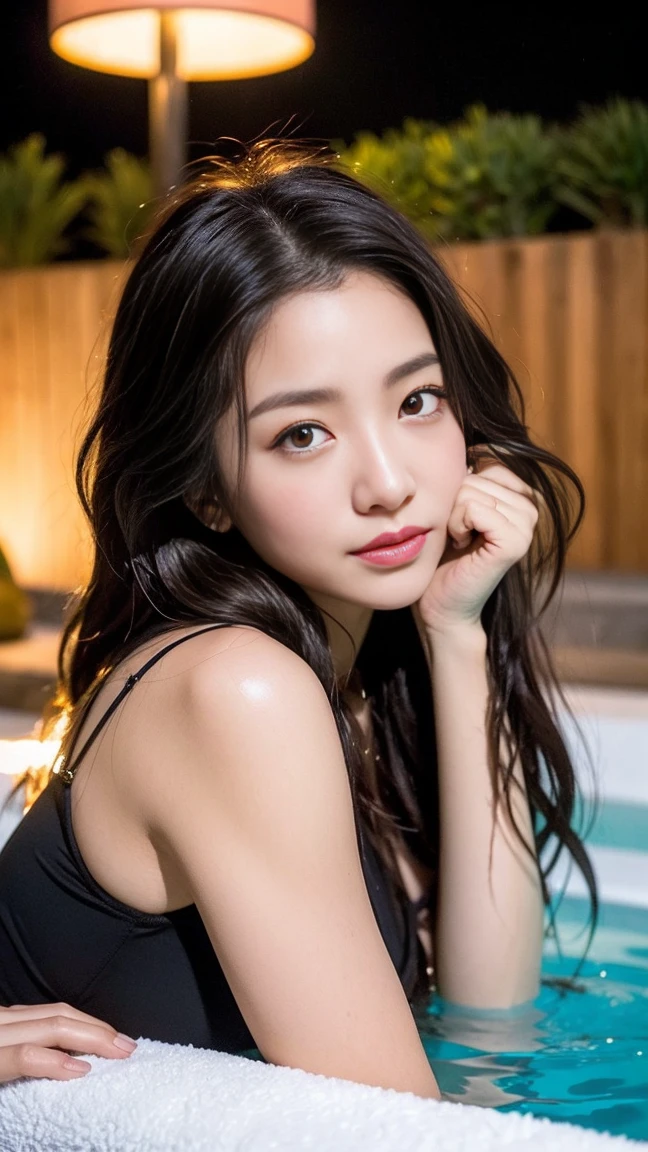 Dark brown hair、Light brown eyes、Japanese actress、 Lady、1 female、I am about 40 years old.....、(Intricate details:1.2)、(Which is the top???????:1.4)、 (Ultra-high resolution:1.2)、Ultra-high resolution、(Finely tuned)、(Detailed facial features)、Hmph、8K resolution、D cup size breasts、Long Hair、Jacuzzi on the terrace、Enter the jacuzzi、Wet Skin、Soaking wet hair、Wet shoulders、Wet bust、moonlight、リゾート感たっぷりのNight view写真、Head to toe shot、Blackpink Jenny、Beautiful feet、she, Fashion Hub, Very detailed, Very detailed, Realistic, Hourglass Shaped Body, Obscene pose、Please lift your chin a little、Open your mouth a little、Relax Pose、Are crying、Deep sorrow、、Get out of the water、The moment I step out of the jacuzzi I see you、Round Jacuzzi、Get out of the water体、Night view、