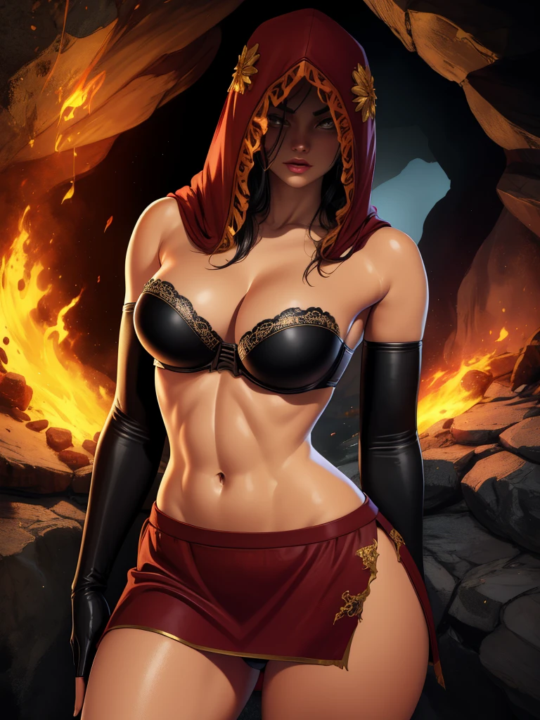 Dsorceress, shadowy face,dark cave, fire, hood, shadowed face, strapless bra, slim and athletic body, miniskirt, no panty, elbow gloves, dark skin, 1 girl (insanely detailed, masterpiece, best quality)