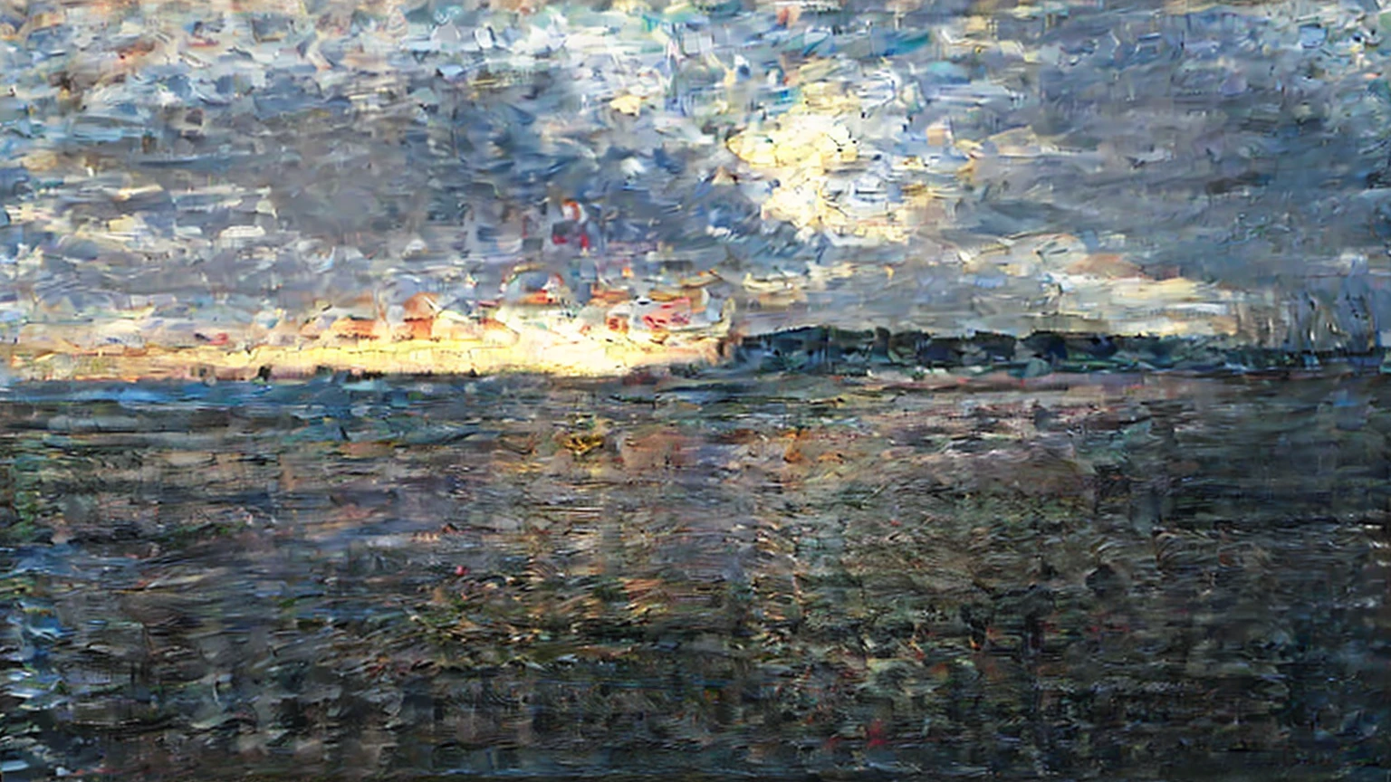 Vintage oil painting of a beach at sunset. Use soft, faded orange and golden tones. Capture the setting sun's light over the water and sky with visible brushstrokes, preserving the specific features of the provided beach image.