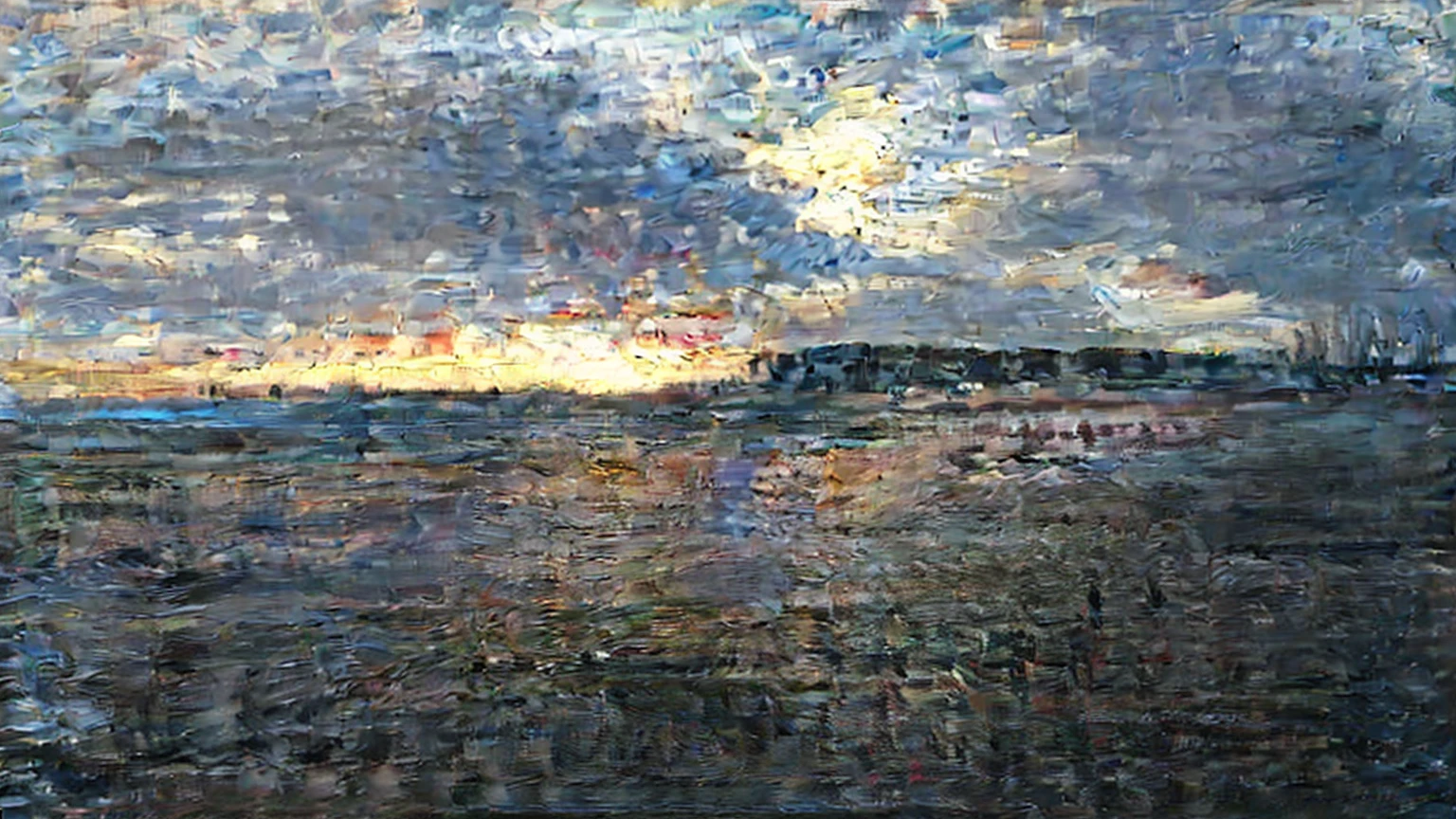 Vintage oil painting of a beach at sunset. Use soft, faded orange and golden tones. Capture the setting sun's light over the water and sky with visible brushstrokes, preserving the specific features of the provided beach image.