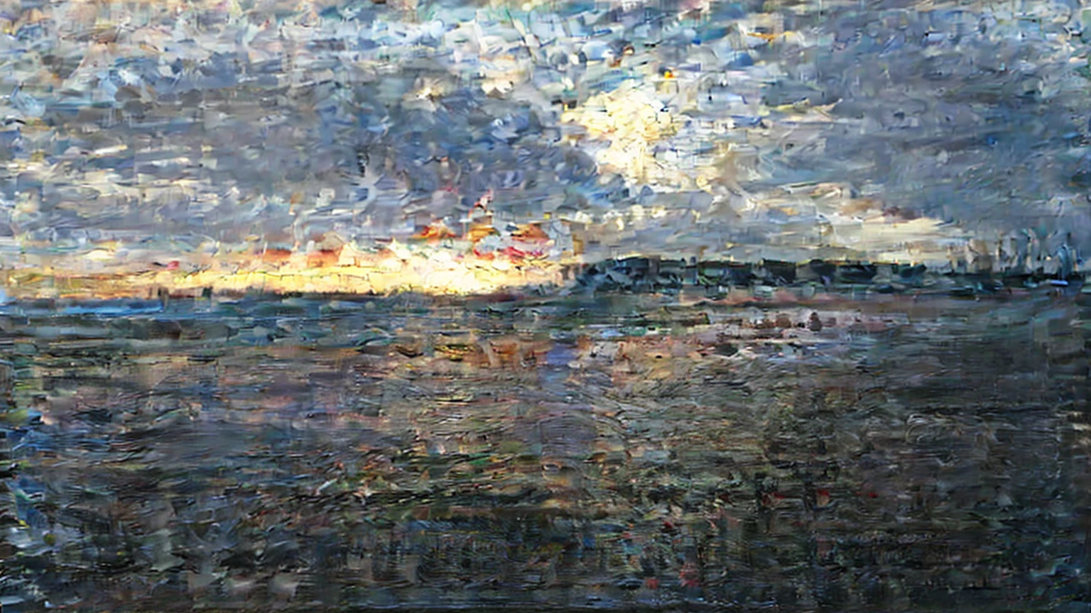 Vintage oil painting of a beach at sunset. Use soft, faded orange and golden tones. Capture the setting sun's light over the water and sky with visible brushstrokes, preserving the specific features of the provided beach image.