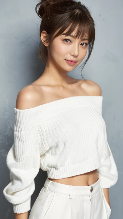 Short length、 ((White knit loose off-shoulder top、Cropped trousers)), Brown Skin、belly button、thin, Medium ponytail、Gray Hair、Messy bangs、Cheeky look、Redness on the cheeks、Raise the corners of the eyes、勝ち誇ったthin眉毛、Young Face、 ((Very detailed)), Perfectly detailed face, Great hands, Photorealistic images、street、Sexy pose、Accurate Arm、Accurate Fingers、