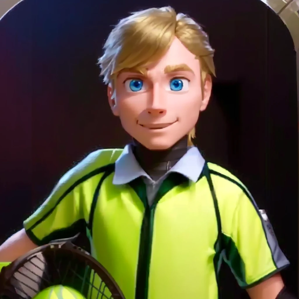 a close-up of a person holding a tennis racket and ball, anato finstark. pixar, thin and gloomy tennis ball monster, he looks like a human servant, avatar with blonde hair, as a pixar character, animated film, animated film, inspired by Sven Nordqvist, depicted as a pixar character, profile image, 3 d animated film, android james