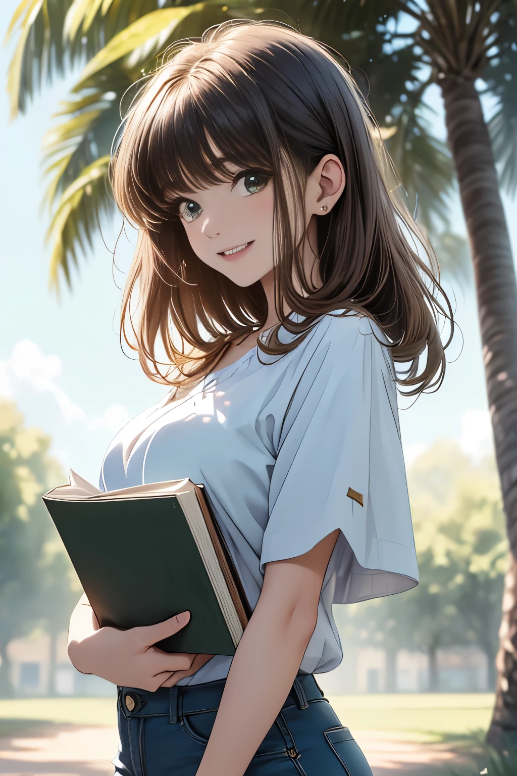 masterpiece, Highest quality, Super detailed), Portrait of an 18 year old woman with light brown hair, Green round eyes, Beige blouse and blue jeans、Smiling Blue Shorts、Singing from under the tree (Leaning against a tree) And read the Brown Book - Auto Ultra Realistic, huge firm bouncing busts  