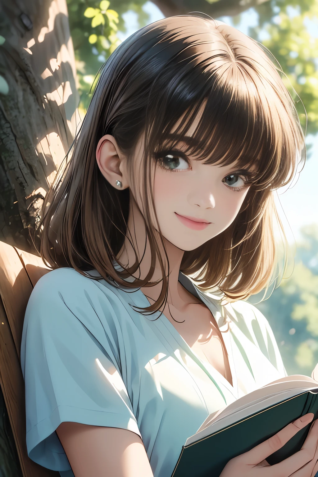 masterpiece, Highest quality, Super detailed), Portrait of an 18 year old woman with light brown hair, Green round eyes, Beige blouse and blue jeans、Smiling Blue Shorts、Singing from under the tree (Leaning against a tree) And read the Brown Book - Auto Ultra Realistic, huge firm bouncing busts  