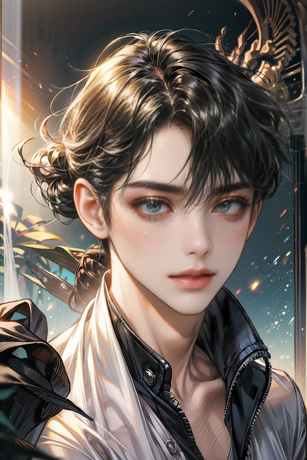 1 male high school student,Face focus,shoun,Young men,with short black hair,high school senior,Simple ,white shirt,tiese,trouser,the sky background,beautidful eyes,best qualtiy,detail in face,school ground,Playground guardrails,Background of details,Diffused sunlight,depth of fields,Background bokeh,(tmasterpiece,best qualtiy)anime boy,boy character, cute face, perfect body, cute boy