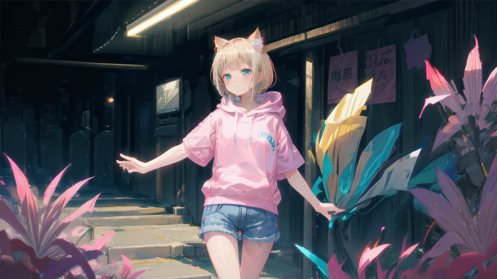 Blonde、Denim shortasterpiece)), ((Highest quality)), (anime:1.4), (Super detailed:1.2), (High resolution:1.3), (Professional photography:1.3), (Wide Shot), (Sharp focus), (Perfect light), (()), One girl, profile, Cinema Lighting, Textured skin, (Cat ear), Light brown hair, 乱れたShortcutsヘア, Cute beautiful teenage girlealthy slim body), (Pink short sleeve hoodie:1.3), Very good, (Exposed neck), Slender body, Small breasts, Mischievous Smile, blush, (Turquoise unfocused eyes), Beautiful clavicle, (A little exposed cute thighs), break, ((Highest quality)), (Super detailed), (Beautiful colorful flower field), Dancing Petals,Blonde、Shortcuts、Pink hoodie、Denim shorts、Black sneakers、Cat ear、Belly button、Show your belly