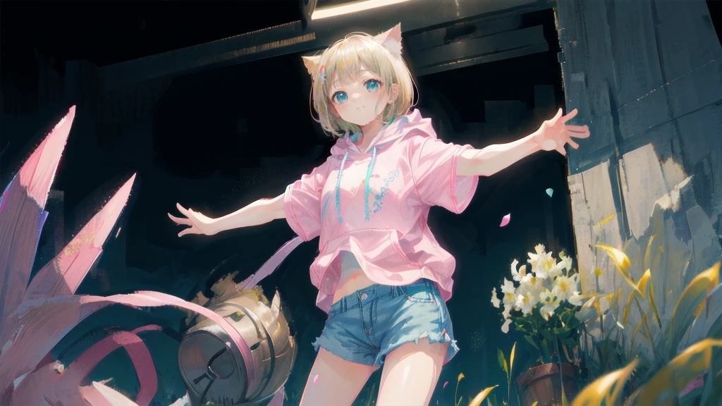 Blonde、Denim shortasterpiece)), ((Highest quality)), (anime:1.4), (Super detailed:1.2), (High resolution:1.3), (Professional photography:1.3), (Wide Shot), (Sharp focus), (Perfect light), (()), One girl, profile, Cinema Lighting, Textured skin, (Cat ear), Light brown hair, 乱れたShortcutsヘア, Cute beautiful teenage girlealthy slim body), (Pink short sleeve hoodie:1.3), Very good, (Exposed neck), Slender body, Small breasts, Mischievous Smile, blush, (Turquoise unfocused eyes), Beautiful clavicle, (A little exposed cute thighs), break, ((Highest quality)), (Super detailed), (Beautiful colorful flower field), Dancing Petals,Blonde、Shortcuts、Pink hoodie、Denim shorts、Black sneakers、Cat ear、Belly button、Show your belly