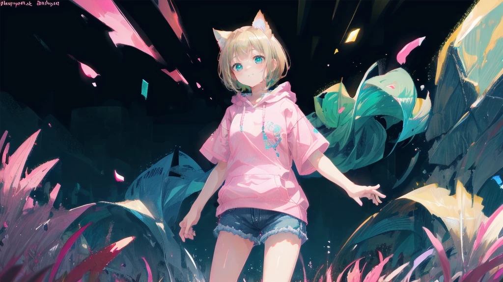 Blonde、Denim shortasterpiece)), ((Highest quality)), (anime:1.4), (Super detailed:1.2), (High resolution:1.3), (Professional photography:1.3), (Wide Shot), (Sharp focus), (Perfect light), (()), One girl, profile, Cinema Lighting, Textured skin, (Cat ear), Light brown hair, 乱れたShortcutsヘア, Cute beautiful teenage girlealthy slim body), (Pink short sleeve hoodie:1.3), Very good, (Exposed neck), Slender body, Small breasts, Mischievous Smile, blush, (Turquoise unfocused eyes), Beautiful clavicle, (A little exposed cute thighs), break, ((Highest quality)), (Super detailed), (Beautiful colorful flower field), Dancing Petals,Blonde、Shortcuts、Pink hoodie、Denim shorts、Black sneakers、Cat ear、Belly button、Show your belly