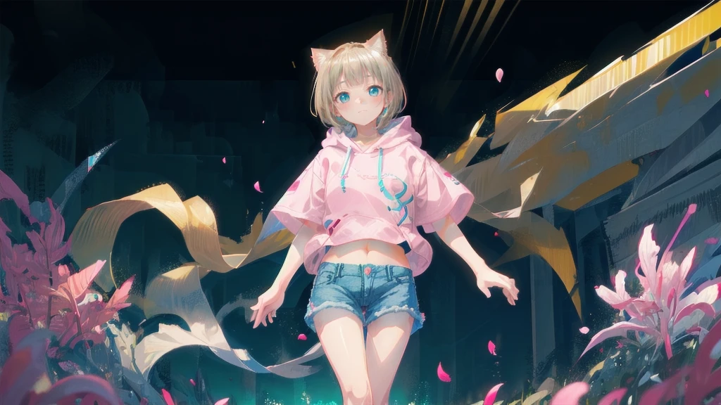 Blonde、Denim shortasterpiece)), ((Highest quality)), (anime:1.4), (Super detailed:1.2), (High resolution:1.3), (Professional photography:1.3), (Wide Shot), (Sharp focus), (Perfect light), ((12 years old)), One girl, profile, Cinema Lighting, Textured skin, (Cat ear), Light brown hair, 乱れたShortcutsヘア, Cute beautiful teenage girl, (Healthy slim body), (Pink short sleeve hoodie:1.3), Very good, (Exposed neck), Slender body, Small breasts, Mischievous Smile, blush, (Turquoise unfocused eyes), Beautiful clavicle, (A little exposed cute thighs), break, ((Highest quality)), (Super detailed), (Beautiful colorful flower field), Dancing Petals,Blonde、Shortcuts、Pink hoodie、Denim shorts、Black sneakers、Cat ear、Belly button、Show your belly