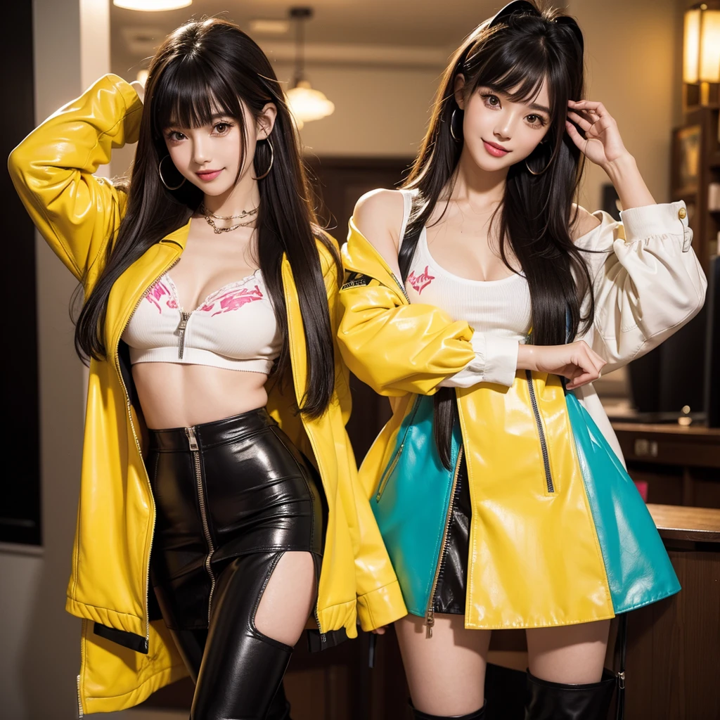 bangs down，beautiful girl，Maid clotheasterpiece，Standing posture，perfect face，perfect breasts，long hair，Long leather trousers，Colorful clothes，Outstanding style，stimulating，Cute outfits，Horny girl，double eyelid，Naughty Girls，Erotic and cute，mini skirt，ribbon on uniform，colorful hair color，yellow eyes，leather jacket，horny girl，Knee-high boots，
Colorful，multicoloured，future fashion，smile，，zipper bra，Multicolored clothing