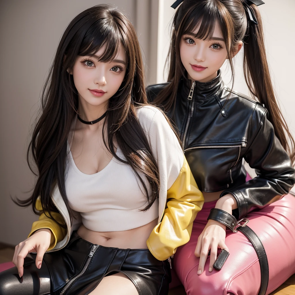 bangs down，beautiful girl，Maid clotheasterpiece，Standing posture，perfect face，perfect breasts，long hair，Long leather trousers，Colorful clothes，Outstanding style，stimulating，Cute outfits，Horny girl，double eyelid，Naughty Girls，Erotic and cute，mini skirt，ribbon on uniform，colorful hair color，yellow eyes，leather jacket，horny girl，Knee-high boots，
Colorful，multicoloured，future fashion，smile，，zipper bra，Multicolored clothing