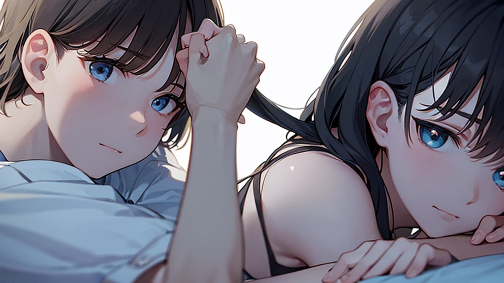 boy and girl ,thinking pose holding a hand on her chin, potrait, close up
