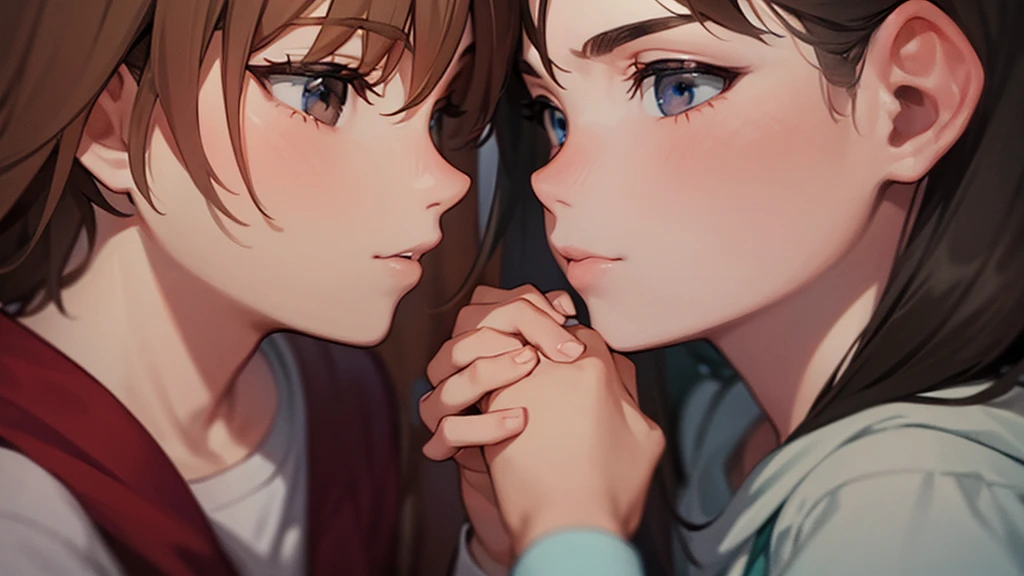 boy and girl ,thinking pose holding a hand on her chin, potrait, close up