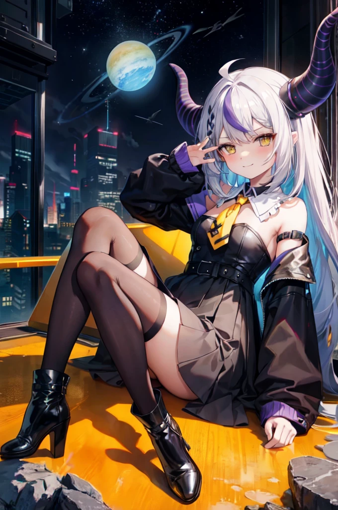 sleeves past wrists, sleeves past fingers, braid, Long sleeves, single leg pantyhose, yellow ascot, ascot, Black footwear, Dress, Metal collar, long boots, Black Dress, Collar, pantyhose, single thighhigh,Evil smile,sitting on the ground and looking at the planet, Cyberspace, floating next to planets, Moderner Sci-Fi-Anime