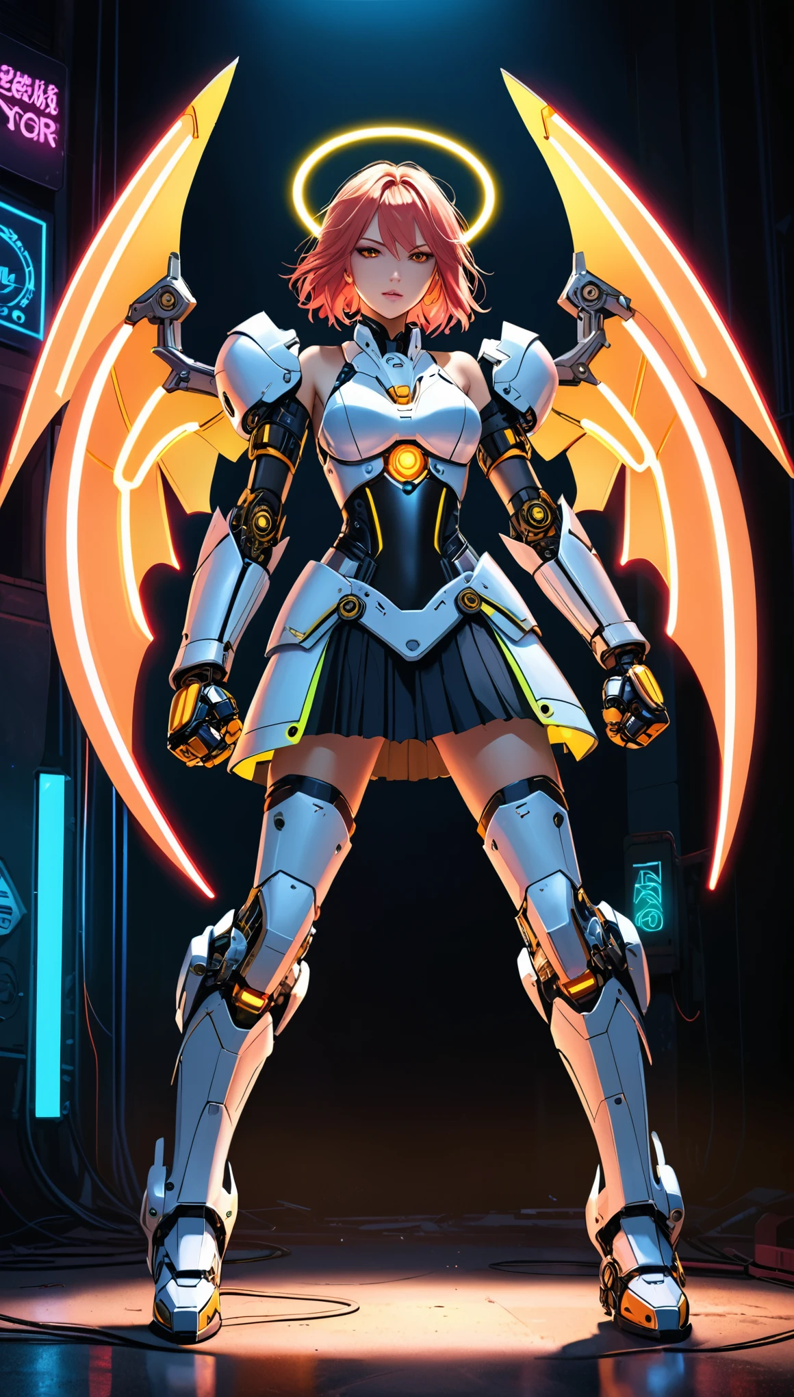 in style of David Sims,
exaggerated and gigantic modified mechanical wings,mechanical_halo,1 girl,mechanical wrist,mechanical skirt with pleated skirt,(huge makeover mechanical fists:1.5),(mechanical knee joints:1.2),(the fist glowing neon light:1.3),(hitting:1.3)