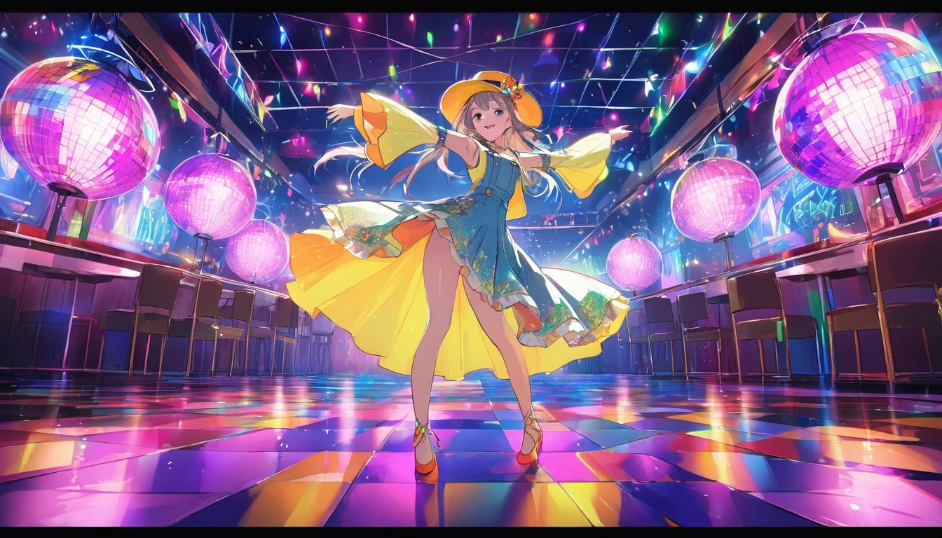An anime-style vibrant dance hall with only one girl dancing joyfully under colorful lights. The atmosphere is electric, with neon lights and a disco ball casting dynamic patterns across the floor. The girl is dressed in a stylish outfit and wearing a hat, moving energetically to the music. The walls are adorned with bright, colorful decorations, and the overall mood is festive and exhilarating. The dance floor is spacious, and the energy of the single dancer is palpable as she enjoys the night.