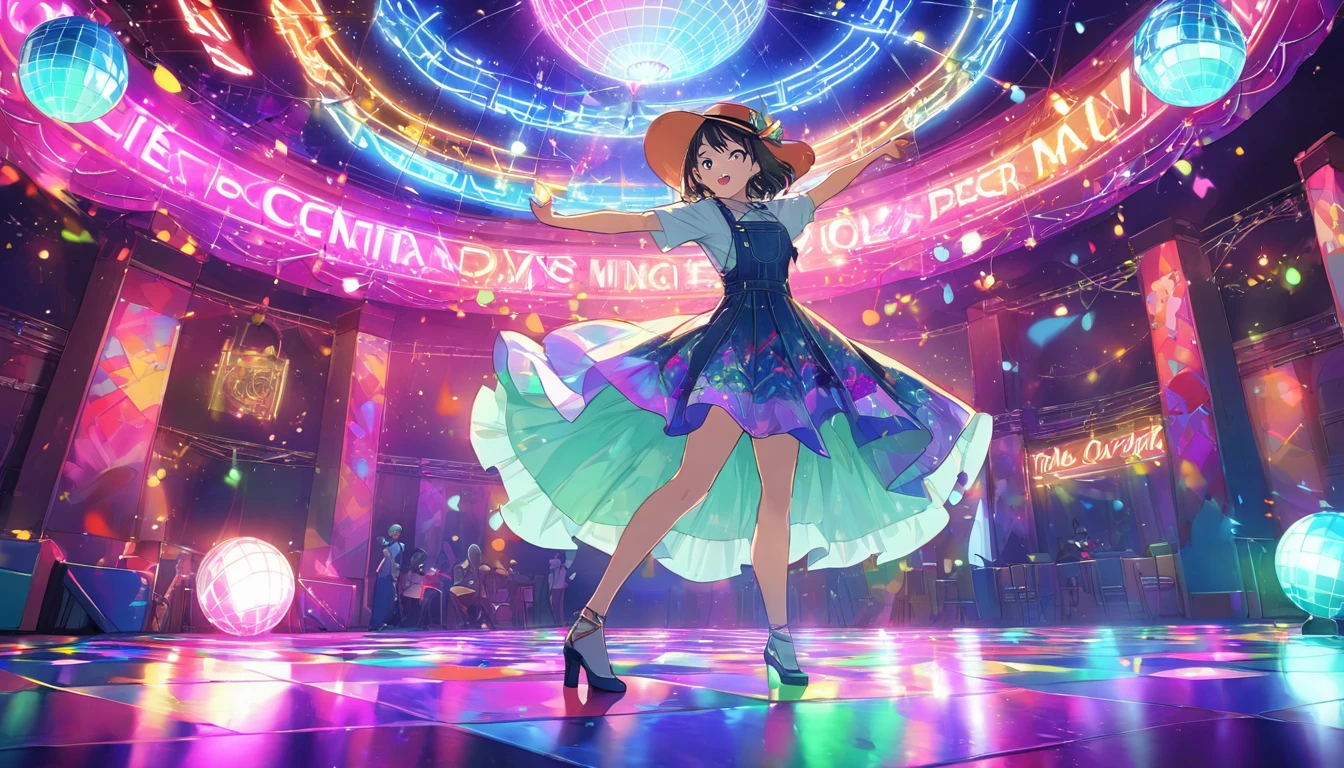 An anime-style vibrant dance hall with only one girl dancing joyfully under colorful lights. The atmosphere is electric, with neon lights and a disco ball casting dynamic patterns across the floor. The girl is dressed in a stylish outfit and wearing a hat, moving energetically to the music. The walls are adorned with bright, colorful decorations, and the overall mood is festive and exhilarating. The dance floor is spacious, and the energy of the single dancer is palpable as she enjoys the night.