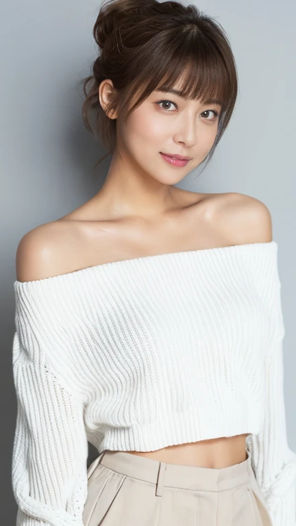 Short length、 ((White knit loose off-shoulder top、Cropped trousers)),  Brown Skin、belly button、thin, Medium ponytail、Gray Hair、Messy bangs、Cheeky look、Redness on the cheeks、Raise the corners of the eyes、勝ち誇ったthin眉毛、Young Face、 ((Very detailed)), Perfectly detailed face, Great hands, Photorealistic images、street、Sexy pose、Accurate Arm、Accurate Fingers、