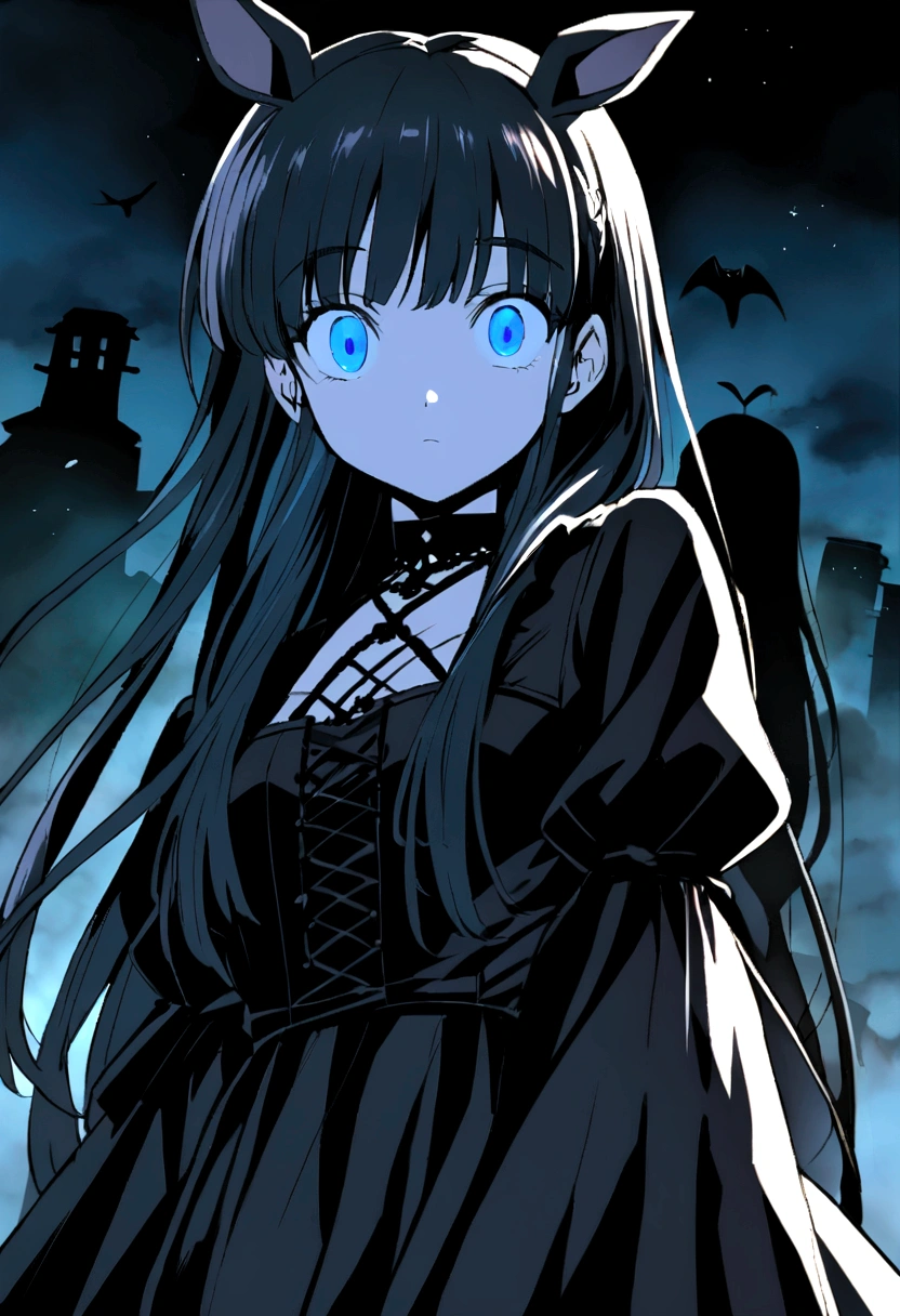 Anime girl with long black hair and blue eyes, Anime Moe Art Style, Gothic maiden anime girl, Gap Moe Yandere Grim Dark, Anime girl in a black dress, Ghostly eyes and dark hair, 1 7 - Anime Goth Girl, ufotable's art style, by Hitoshi Homura, Fate-like anime style/Stay Night, Long Hair Anime Girl In the ruins Decadent dark Gothic Horror Light blue eyes Horse ears Horse Girl