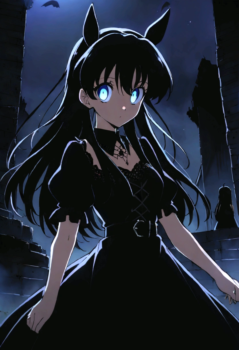 Anime girl with long black hair and blue eyes, Anime Moe Art Style, Gothic maiden anime girl, Gap Moe Yandere Grim Dark, Anime girl in a black dress, Ghostly eyes and dark hair, 1 7 - Year Old Anime Goth Girl, ufotable's art style, by Hitoshi Homura, Fate-like anime style/Stay Night, Long Hair Anime Girl In the ruins Decadent dark Gothic Horror Light blue eyes Horse ears Horse Girl