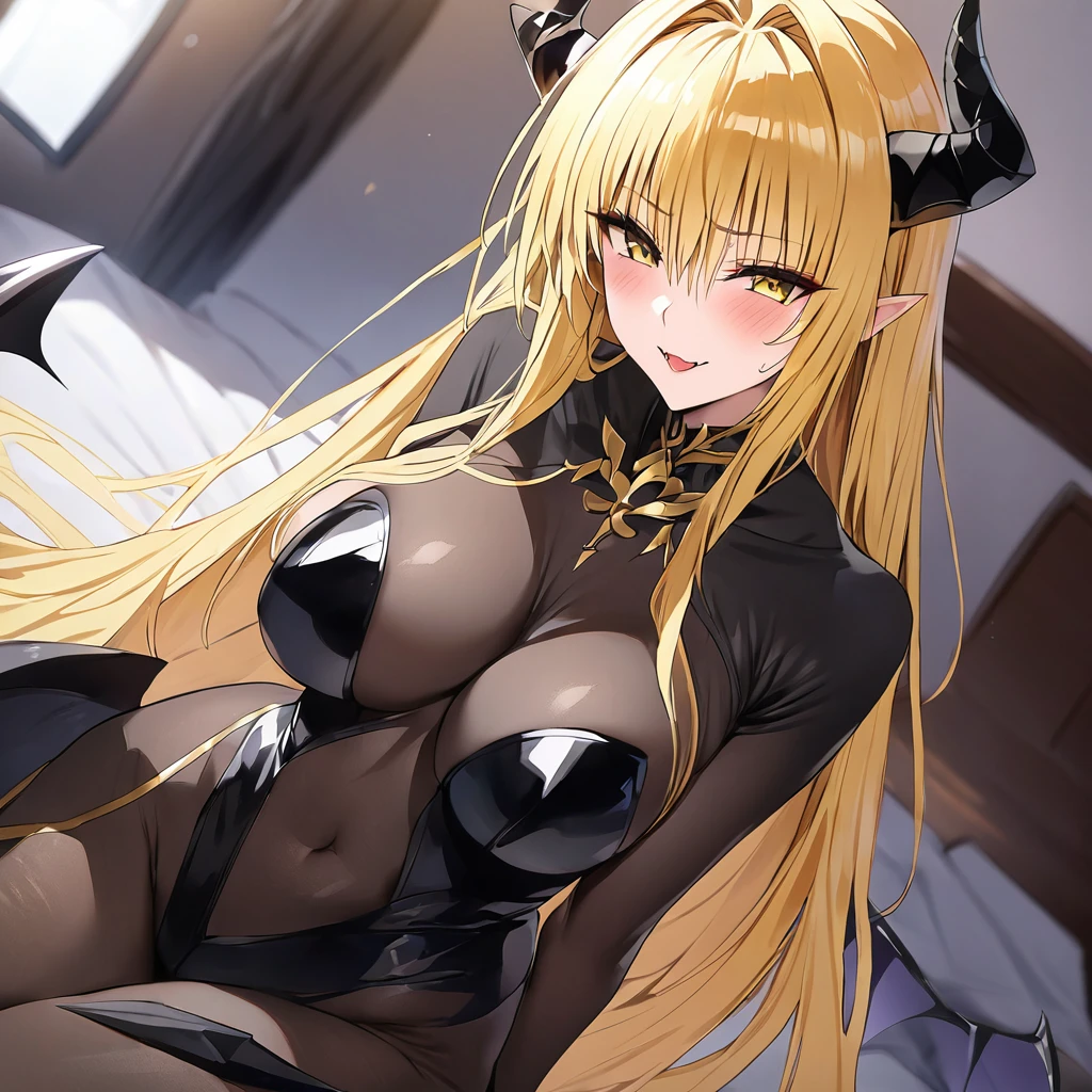((Highest quality)), ((masterpiece)), (detailed), (Perfect Face)、The woman is a naked demon queen, Devil Queen Tiare, wearing a shiny black full-body bodysuit decorated with gold, a sexy female demon, Devil Queen Tiare.、The woman is a female demon with magnificent devil horns, jet black devil wings and a jet black tail. She is a demon named Tiare who is looking at the camera with a happy expression, with blonde medium long hair and the expression of a maiden in love.、The woman is Tiare