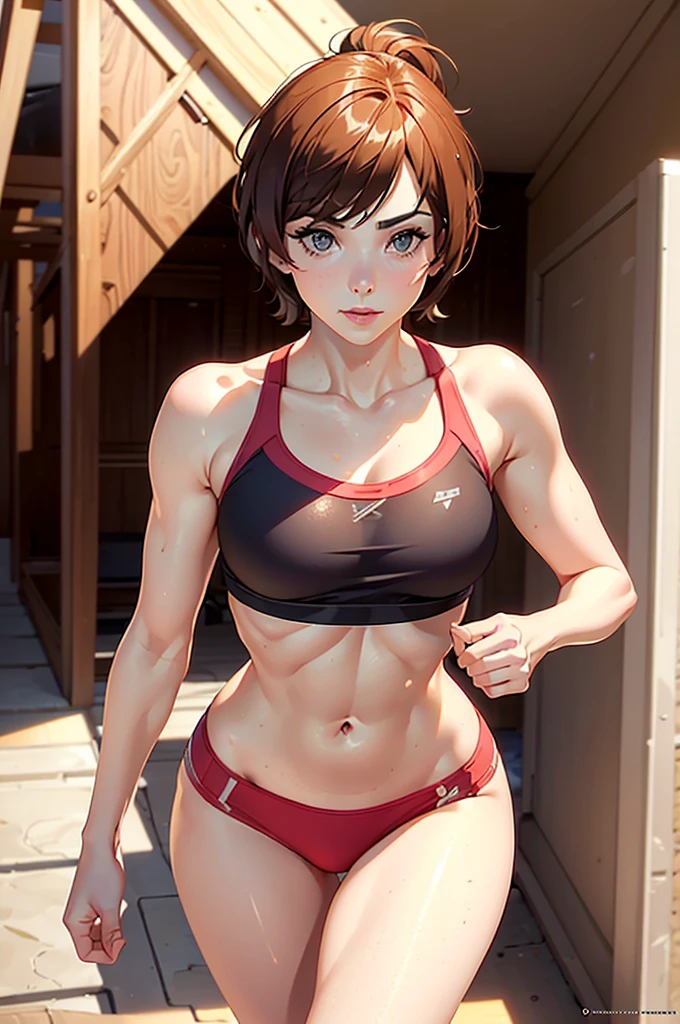 Create a woman, athletic, beautiful body from head to toe, very beautiful, short brown hair, Emma Stone's face, with a uniform with fur like a squirrel, with a helmet like a squirrel's head, and a tail that's like a squirrel, wear long brown boots, Marvel superhero style, 8K, best qualityer, appears in the full body image from head to toe, she is walking in the forest.