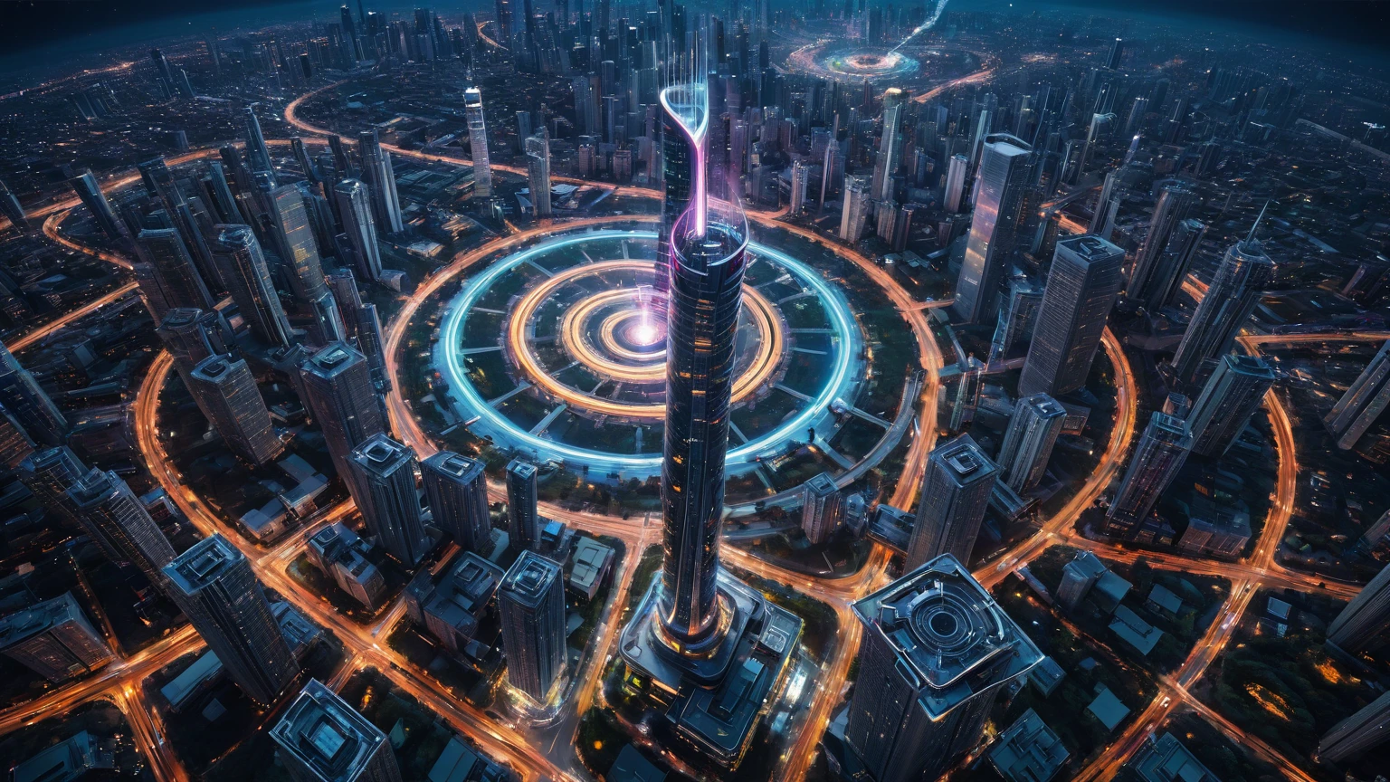 Far shot aerial view, brightly colored abstract image of a space station with a spiral, epic beautiful space sci-fi, chaotic cinematic space rift, planets colliding, galaxy space sci-fi, ringworld, (((a futuristic twin tower skyscraper with a unique twisted design))). At night, (((((1girl, solo, photo realistic, large-breast:1.2 slim body, cleavage, off tube top, short pleated miniskirt, standing on a sky bridge, matrix style black sunglasses, shooting with a short gun, half-body thigh level medium shot))))), (((cinematic lighting))).