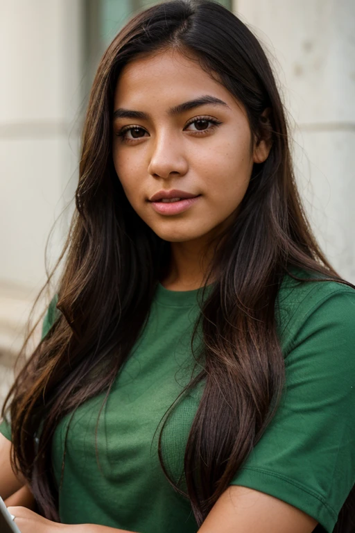 A photorealistic portrait of a 21-year-old peruvian girl with long, flowing dark hair and striking green eyes. her mouth is closed. She should have a face with makeup, at school with macbook