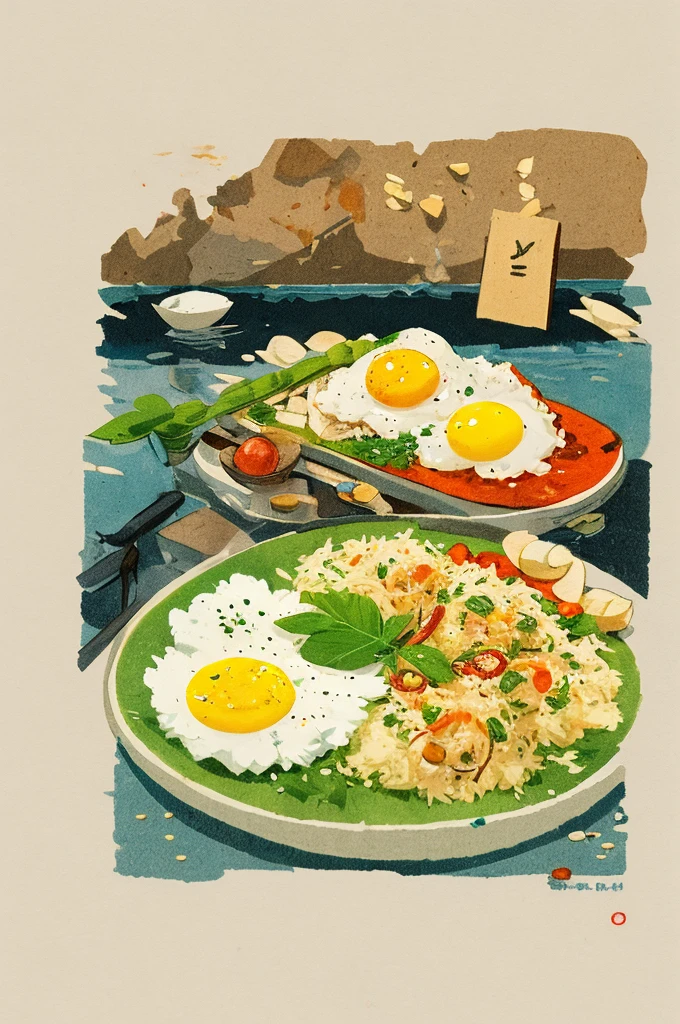 Illustration: Simple woodblock printing style. Thai food, Fried rice with basil and fried egg