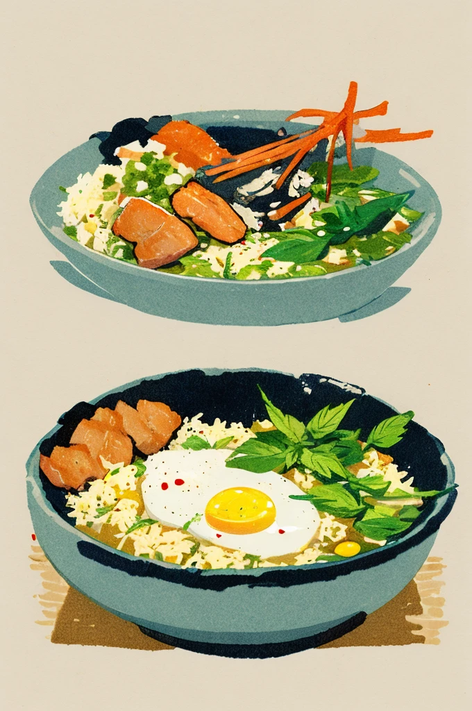 Illustration: Simple woodblock printing style. Thai food, Fried rice with basil and fried egg