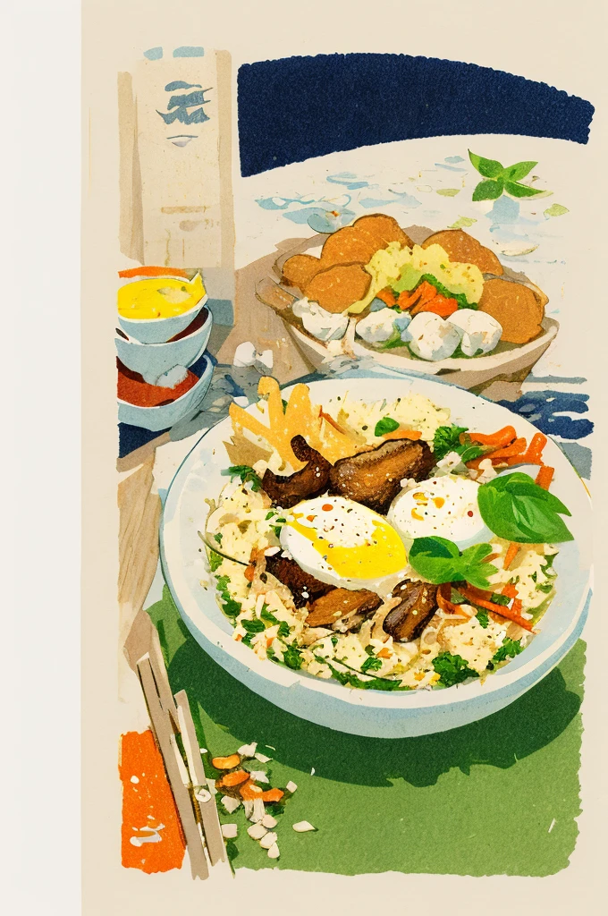 Illustration: Simple woodblock printing style. Thai food, Fried rice with basil and fried egg