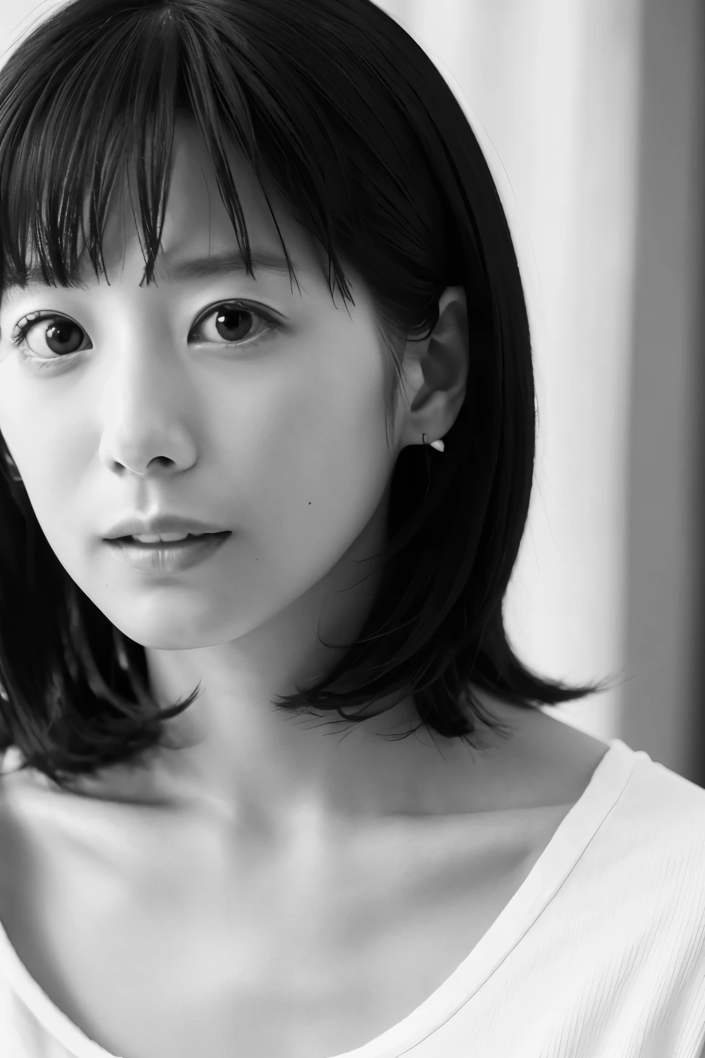 Masterpiece, high quality, photorealsitic, high resolution, 8k wallpaper, Professional photo, Super detailed face, detailed eyes, ((monochrome photo)), 1girl in, Skinny Japanese woman, ((Facing the front)), ((lips are only in Red)), Detailed clavicle, perfect face, {long|short} face, straight hair, (look straight at a camera)