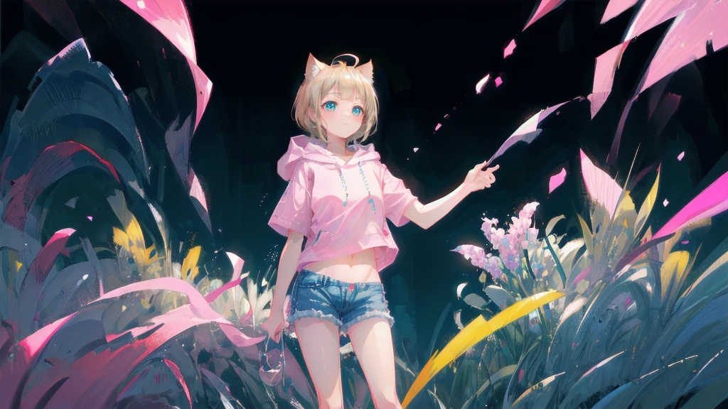 Blonde、Denim shortasterpiece)), ((Highest quality)), (anime:1.4), (Super detailed:1.2), (High resolution:1.3), (Professional photography:1.3), (Wide Shot), (Sharp focus), (Perfect light), ((12 years old)), One girl, profile, Cinema Lighting, Textured skin, (Cat ear), Light brown hair, 乱れたShortcutsヘア, Cute beautiful teenage girl, (Healthy slim body), (Pink short sleeve hoodie:1.3), Very good, (Exposed neck), Slender body, Small breasts, Mischievous Smile, blush, (Turquoise unfocused eyes), Beautiful clavicle, (A little exposed cute thighs), break, ((Highest quality)), (Super detailed), (Beautiful colorful flower field), Dancing Petals,Blonde、Shortcuts、Pink hoodie、Denim shorts、Black sneakers、Cat ear、Belly button、Show your belly