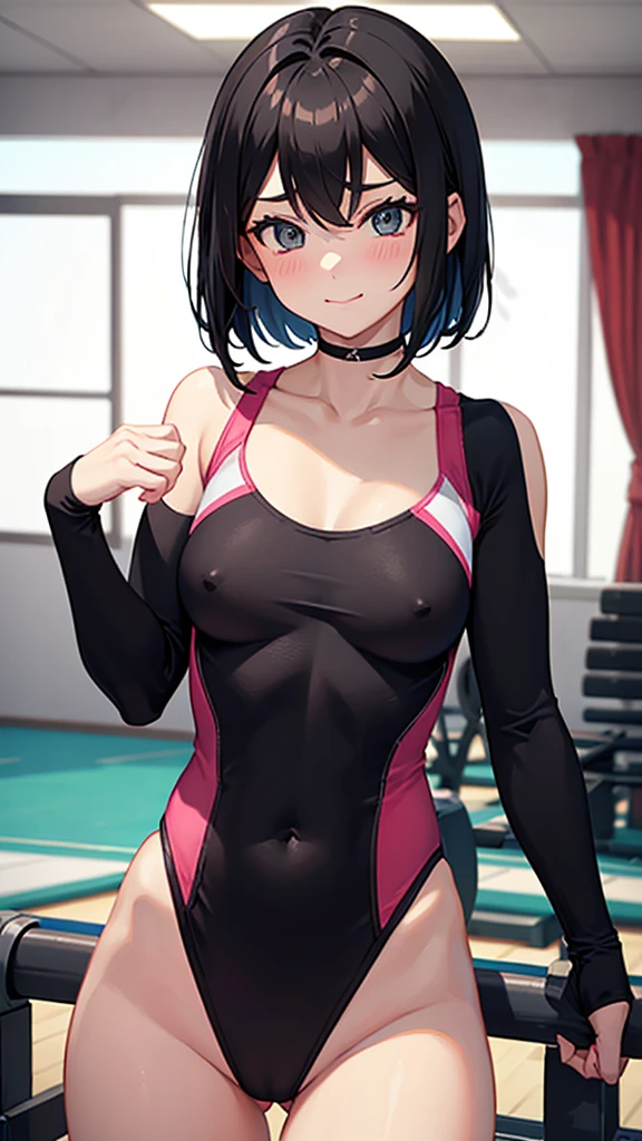 Leotards in gymnastics competitions　Black Bob Hair　blush　smile　Model Body Type　gym