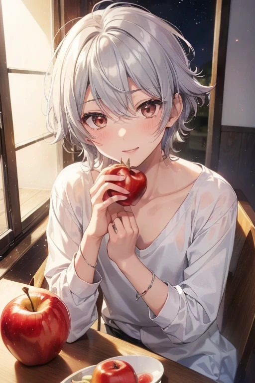 Kimishima Ikuto、17 years old、(1:boy)、(Hairstyle:Silver short hair,Hair curled outward,Silver Hair)、Slanted Eyes、Brown eyes、Perfect Anatomy、(red apple),Forbidden fruit、Beautiful Face、Beautiful smile