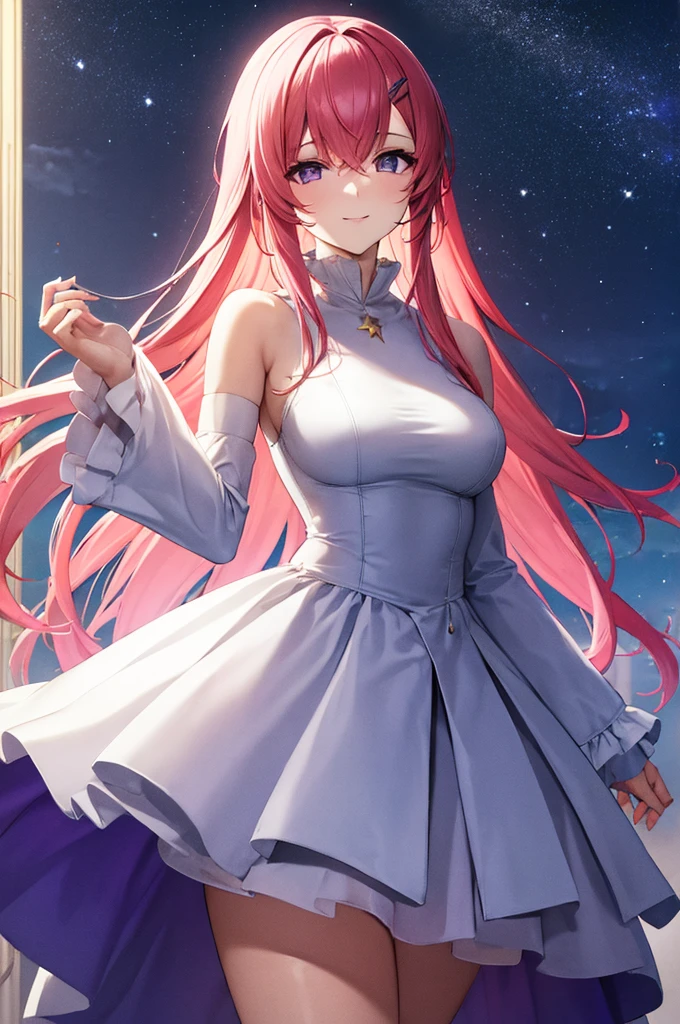 (masterpiece:1.3), (best quality:1.1), (8k, ultra detailed, ultra high res:1.2), ((anime style)), perfect 5 fingers, perfect anatomy, 1girl,
BREAK long hair, pink hair, medium breasts, purple eyes,
BREAK white dress, long sleeves, white sleeves, frills frilled skirt, frilled sleeves, detached sleeves, bare shoulders, purple skirt, purple frills,
looking at viewer, smile, standing,
cowboy shot, perfect light,
BREAK (detailed background:1.2), outdoor, outside, space, sun, star, the cosmos, galaxy,