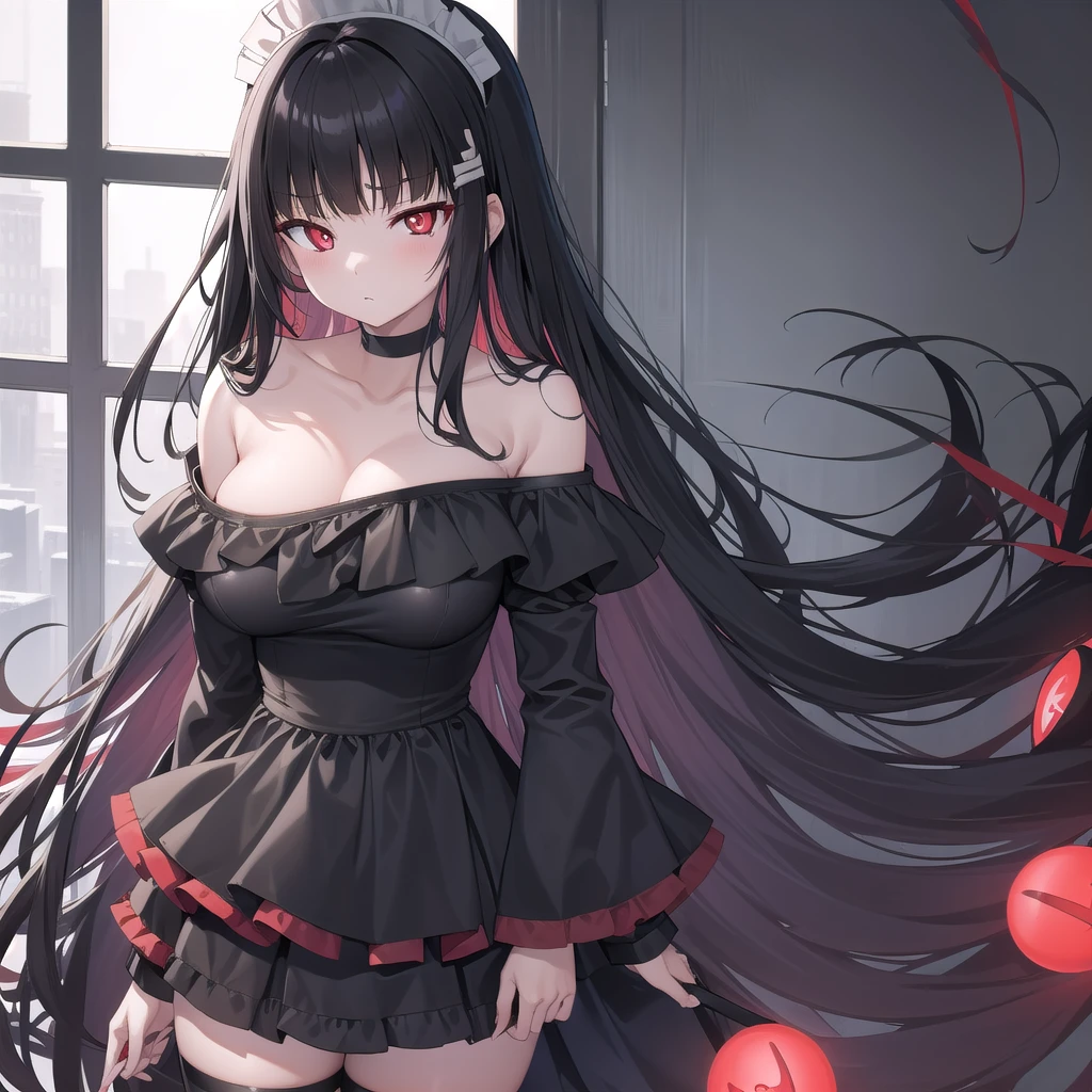 Rivertsukatsuki, River, black hair, (red eyes:1.5), hair ornament, hairclip, Halation, long hair,
、Extremely large breasts(7200)、、I can see your chest、Nipples are visible、Off-the-shoulder maid uniform、Black frill mini dress、Front facing、