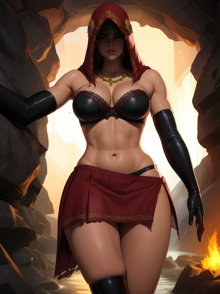 Dsorceress, shadowy face,dark cave, fire, hood, shadowed face, strapless bra, slim and athletic body, miniskirt, no panty, elbow gloves, dark skin, 1 girl (insanely detailed, masterpiece, best quality)