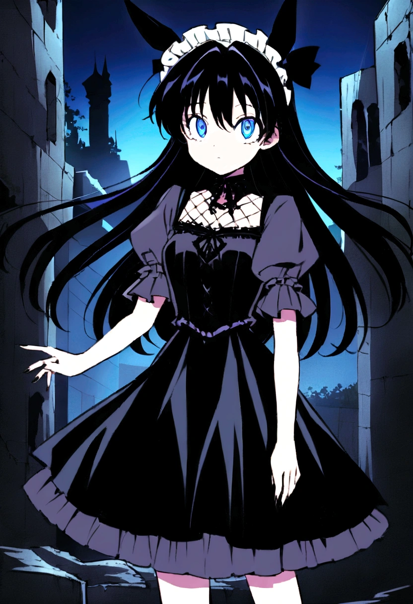 Anime girl with long black hair and blue eyes, Anime Moe Art Style, Gothic maiden anime girl, Gap Moe Yandere Grim Dark, Anime girl in a black dress, Ghostly eyes and dark hair, 1 7 - Year Old Anime Goth Girl, ufotable's art style, by Hitoshi Homura, Fate-like anime style/Stay Night, Long Hair Anime Girl In the ruins Decadent dark Gothic Horror Light blue eyes Horse ears Horse Girl