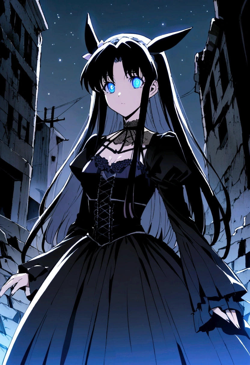 Anime girl with long black hair and blue eyes, Anime Moe Art Style, Gothic maiden anime girl, Gap Moe Yandere Grim Dark, Anime girl in a black dress, Ghostly eyes and dark hair, 1 7 - Year Old Anime Goth Girl, ufotable&#39;s art style, by Hitoshi Homura, Fate-like anime style/Stay Night, Long Hair Anime Girl　In the ruins　Decadent　dark　Gothic Horror　Light blue eyes　Horse ears　Horse Girl