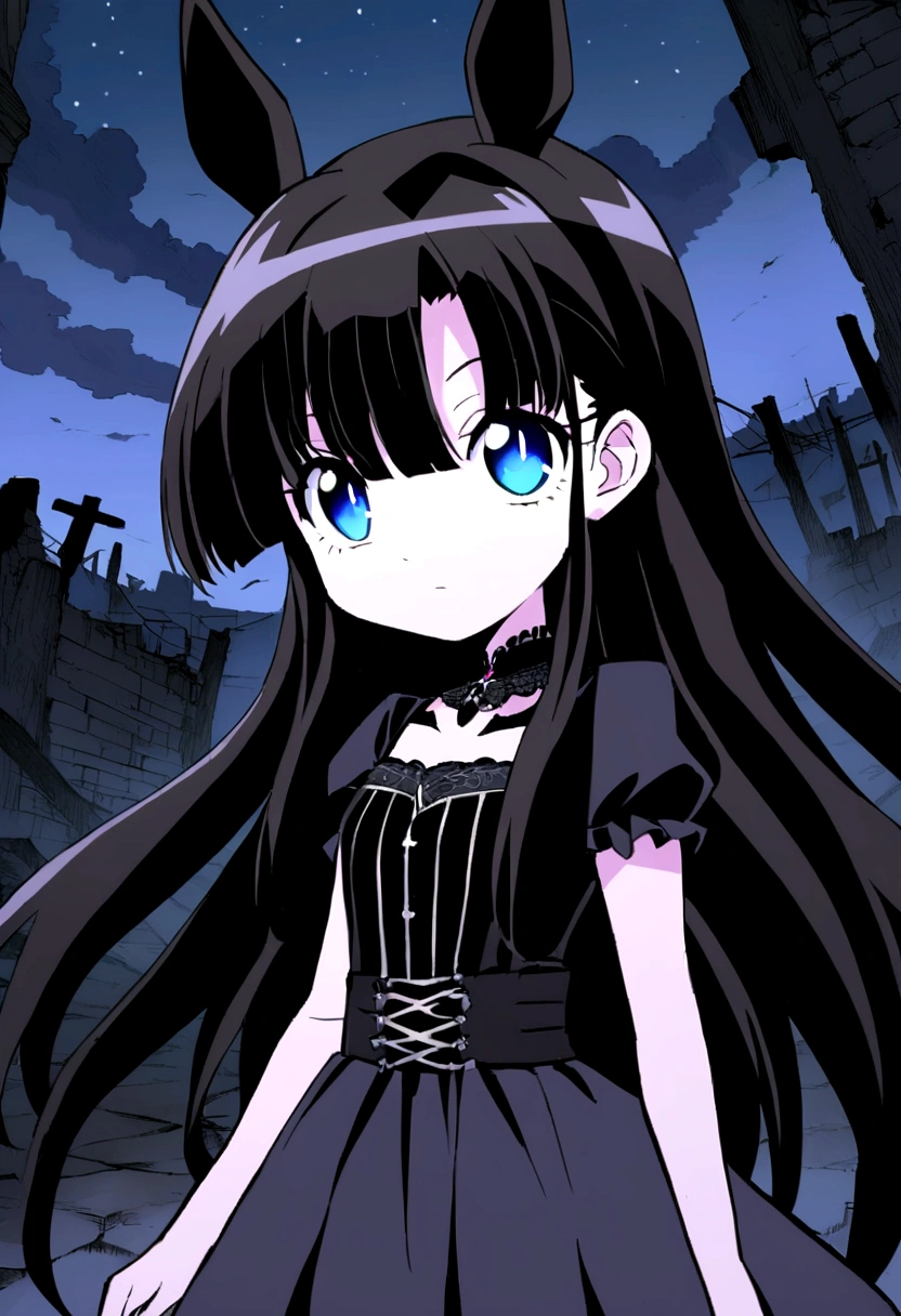 Anime girl with long black hair and blue eyes, Anime Moe Art Style, Gothic maiden anime girl, Gap Moe Yandere Grim Dark, Anime girl in a black dress, Ghostly eyes and dark hair, 1 7 - Year Old Anime Goth Girl, ufotable&#39;s art style, by Hitoshi Homura, Fate-like anime style/Stay Night, Long Hair Anime Girl　In the ruins　Decadent　dark　Gothic Horror　Light blue eyes　Horse ears　Horse Girl