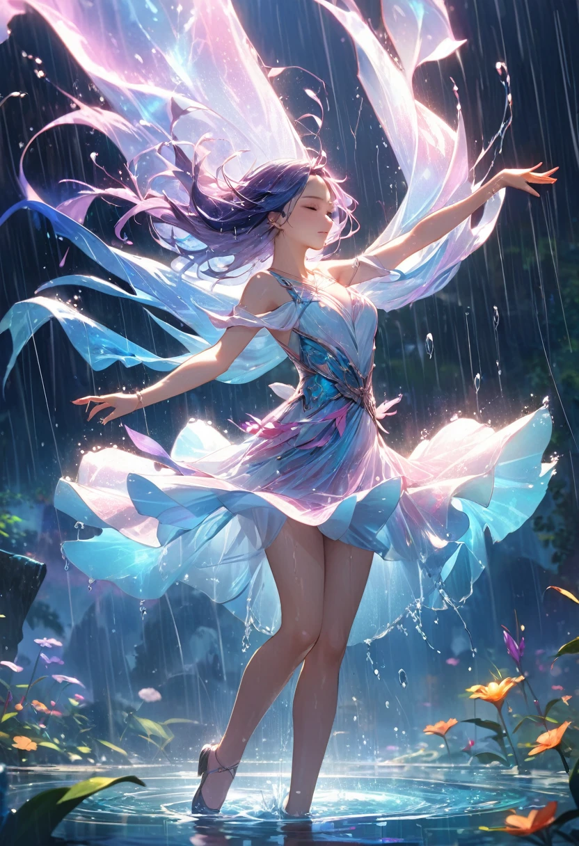 

           rain中的動漫女孩 美麗完美的臉     一個穿著米色rain衣(Holographic fabric)  Full body photo of woman dancing on water, 穿着米色rain衣站在旋轉水波飛濺中跳舞 藍光漩渦水波飞溅, wet hair, 

           rain,rain中 柔软光滑，A variety of masterpieces in vibrant and pastel shades, Fantasy and magic concept art with highly detailed lighting effects，Let people feel the magic and power of nature in dance,

                dramatic lighting, Highly detailed HD cinematic close-up water magic fantasy gorgeous digital art