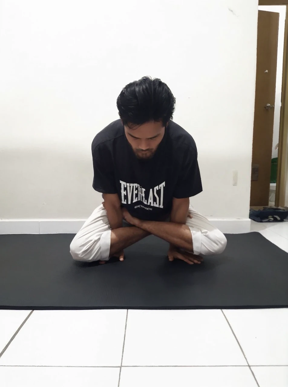 Man doing yoga posture, exact same pose as image, different haircut, hall shaolin background, stocky body, detail and intricate fingers, long and gentle nails bed, sketch and painting, wears suitable clothes for yoga