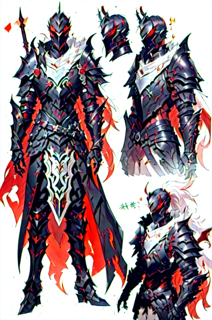 a drawing of a character in armor with red and black hair, black armour e vermelha, black and reddish color armor, demonic dragon inspired armor, pale black armour, black fire colored reflected armor, concept armor, dark soul armor concept, black and red reflected armor, white and red armor, demonic armor, very stylish fantasy armor, black armour, blood red armor