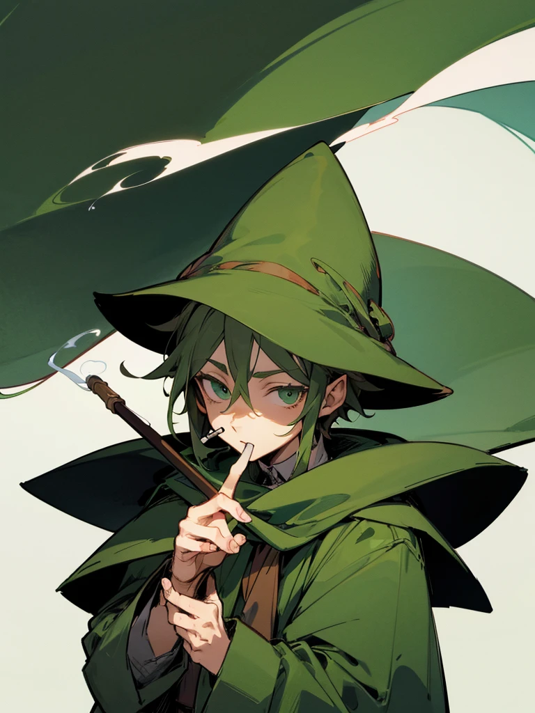 Snufkin, young man, green coat, green pointed hat, smoking pipe, brown scarf