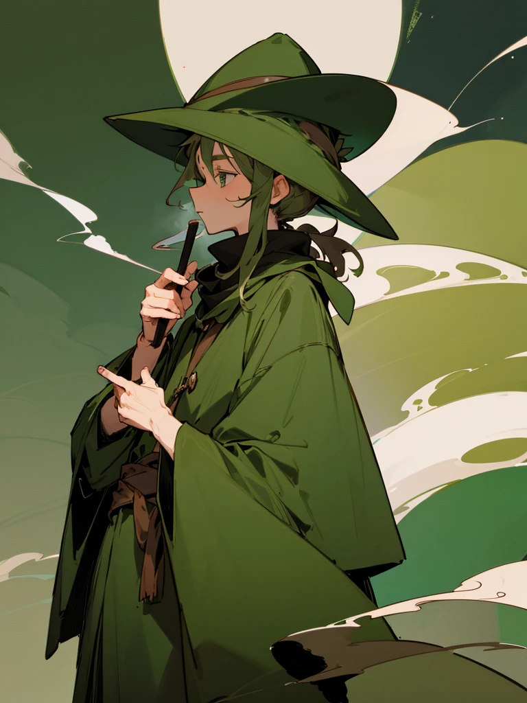Snufkin, young man, green coat, green pointed hat, smoking pipe, brown scarf